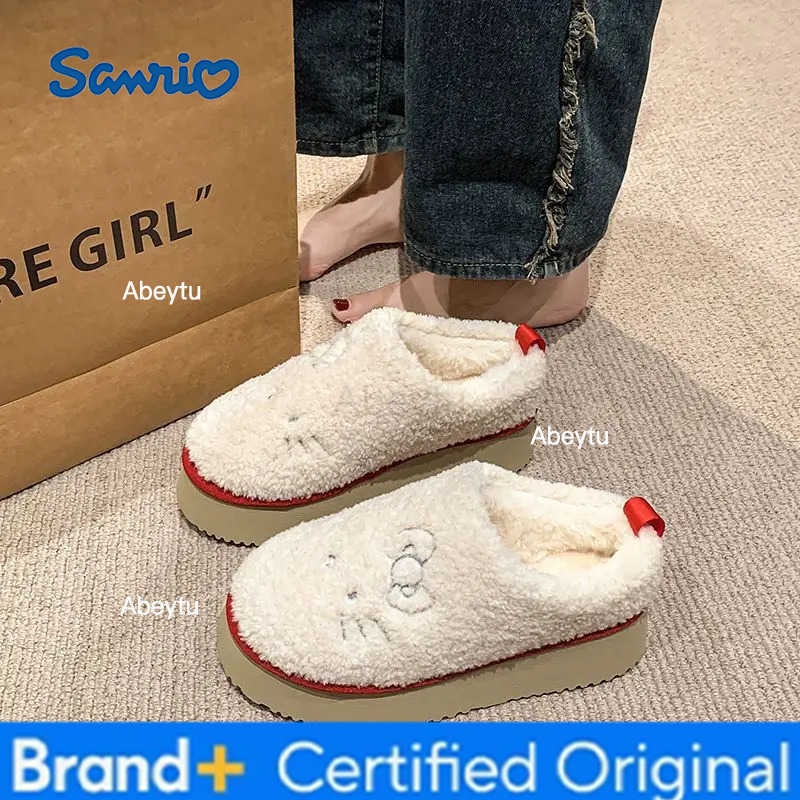 Sanrio Hello Kitty Sweet Plush Slippers Winter New Fashion Thick Sole Home Cotton Shoes Korean Version Trend Versatile Slippers H251230