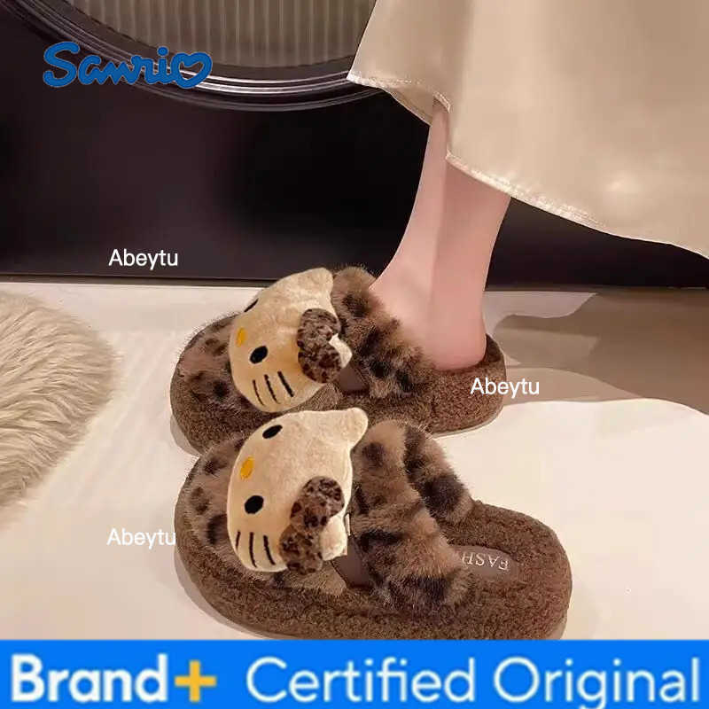 Sanrio Anime Hello Kitty Leopard Print Fur Slippers Kawaii Indoor Comfortable Non-Slip Slippers Cute Cotton Shoes Cartoon House Shoes H251230