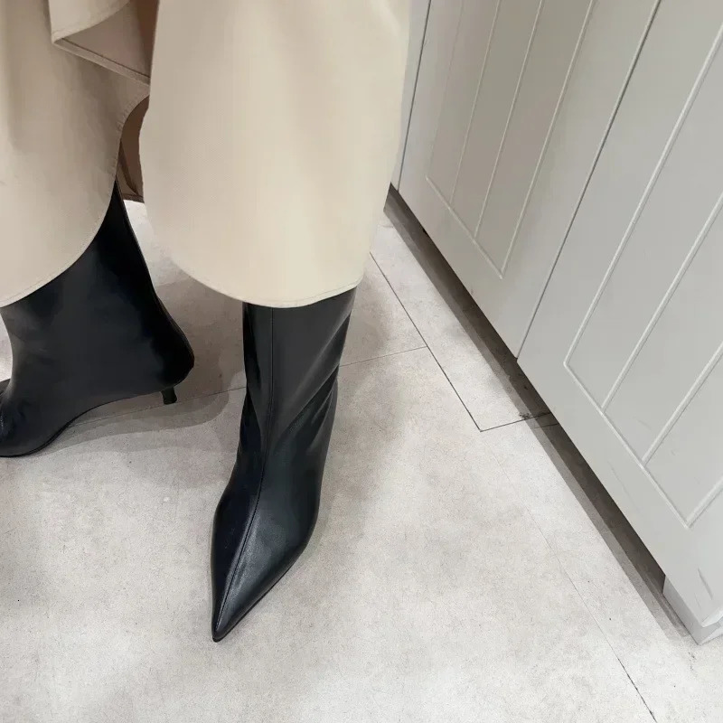 SEXY Black Pointed Toe Cat Heel Mid Women Soft Leather PU Low Heel Wide Mouth French Style Ankle Boots 251226