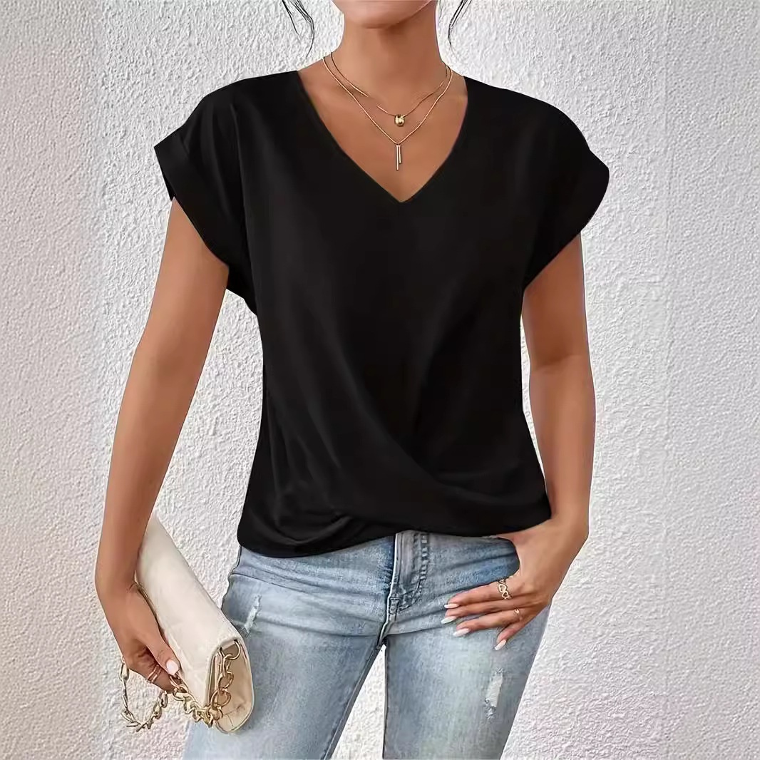 Sexy V Neck Short Sleeve Shirt Blouse Tops Office Lady Spring Summer Casual Loose Solid White Tshirt For Women Female Tees