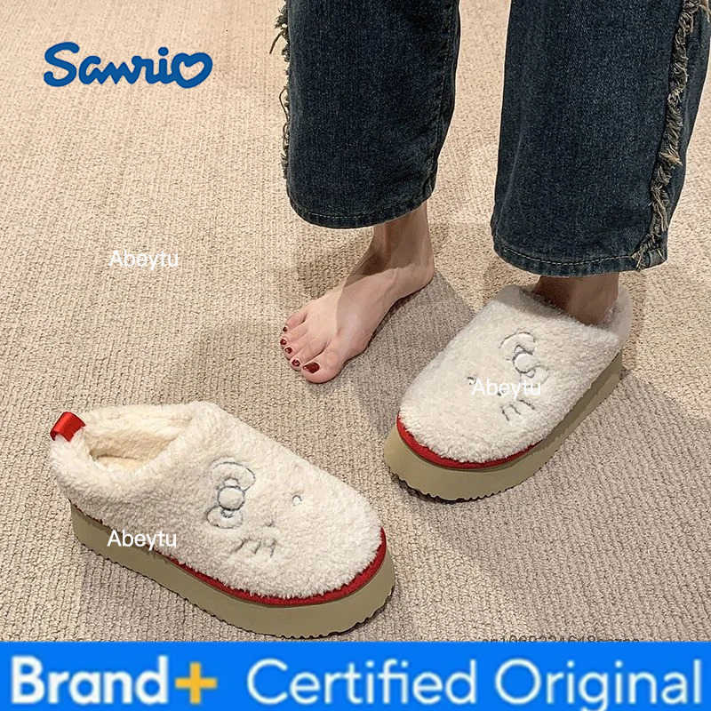 Sanrio Hello Kitty Sweet Plush Slippers Winter New Fashion Thick Sole Home Cotton Shoes Korean Version Trend Versatile Slippers H251230