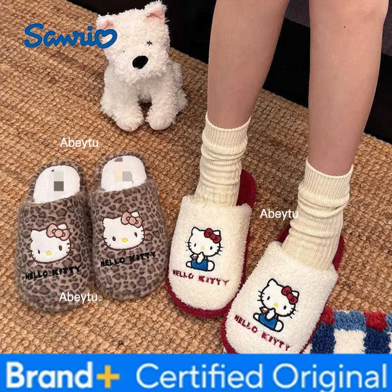 Sanrio Hello Kitty Cartoon Indoor Leopard Print Slippers for Home Use Winter Warm Non Slip Cotton Slipper Birthday Gift for Girl H251230