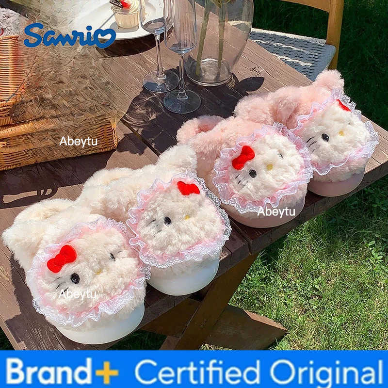 Sanrio Kids Slippers House Shoes Cartoon Cat Cotton Winter Shoes For Girls Anti-slip Soft Bottom Warm Green Pink Shoes Size 36-41 H251230