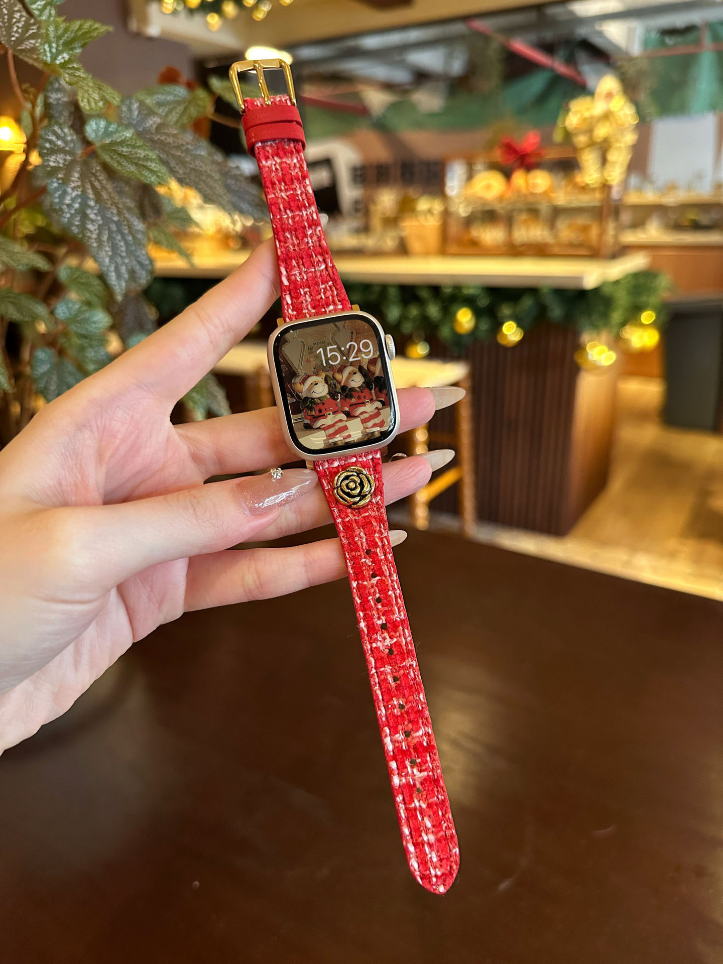Autumn Winter Red Camellia Little Fragrance Style iWatch 9 Band Compatible with Apple 8 7 6 5 4 Watch Strap