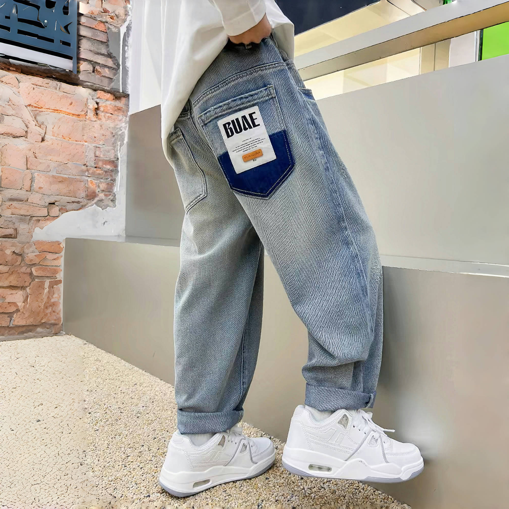 Boys' Spring and Autumn Vintage Casual Versatile Jeans Middle and Big Kids' New Straight Tube Light Color Trendy Western Soft Denim