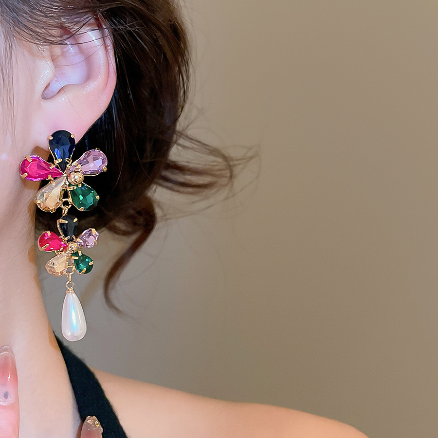 Real Gold Plated Diamond-Studded Flower Pearl Stud Dopamine Light Luxury High-End Earrings European and American Cross-Border Exaggerated Ear Jewelry - view 4