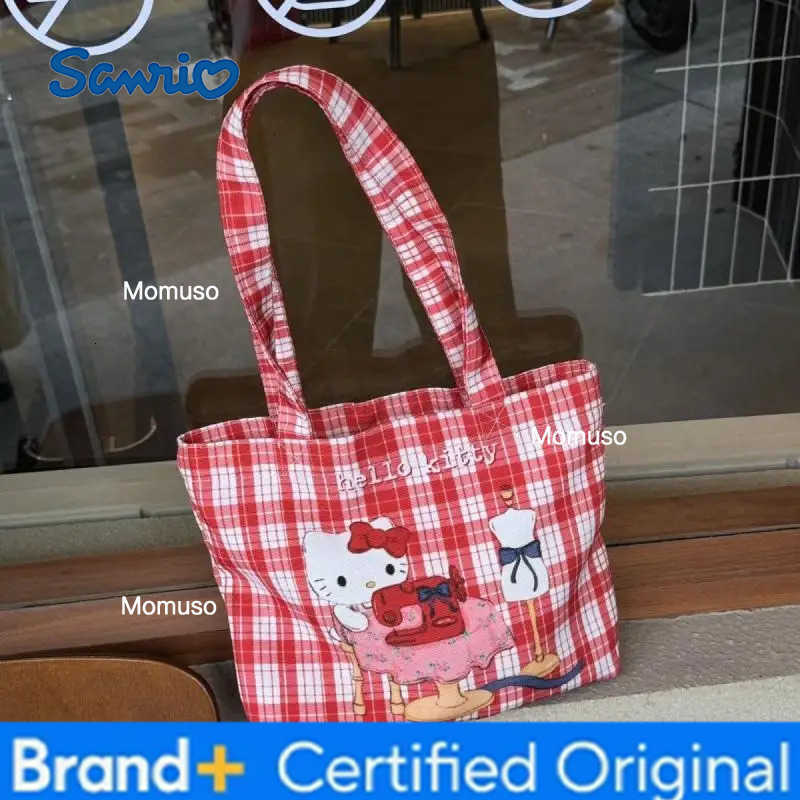 Sanrio Kawaii Hello Kitty Cute Cartoon Red Checkered Canvas Storage Bag Student One Shoulder Handbag Girl Birthday Creative Gift H251230