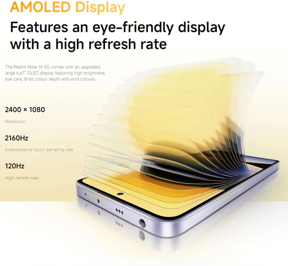 Global Version Xiaomi Redmi Note 14 5G 8GB+256GB,Coral Green 6.67 Inches,Bluetooth,NFC,Wi-Fi,108MP AI camera system with OIS,IP64(Charger Not Included