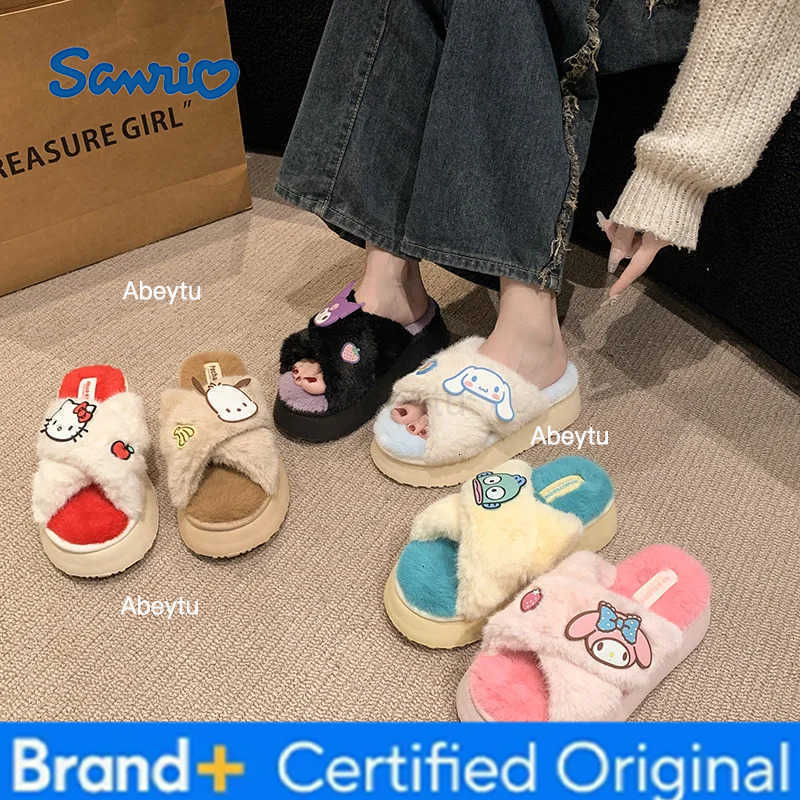 Sanrio Kawaii New Spring Autumn Plush Slippers Soft Anime Kuromi Cinnamoroll Hangyodon KT Women Home Thick-soled Non-Slip Shoes Gifts H251230