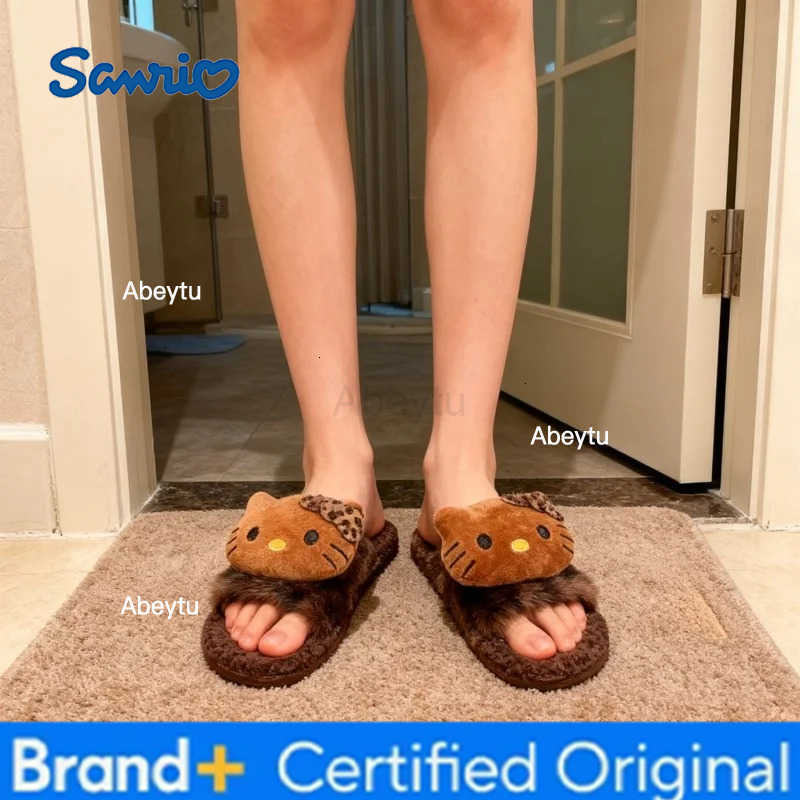 Sanrio Kids Slippers House Shoes Cartoon Hello Kitty Open Toe Winter Shoes For Girls Warm Anti-slip Beige Brown Shoes Size 36-41 H251230