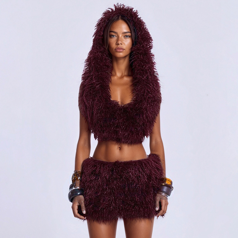 Women's Faux Fur U-Neck Hooded Backless Top and Mini Skirt Two-Piece Set