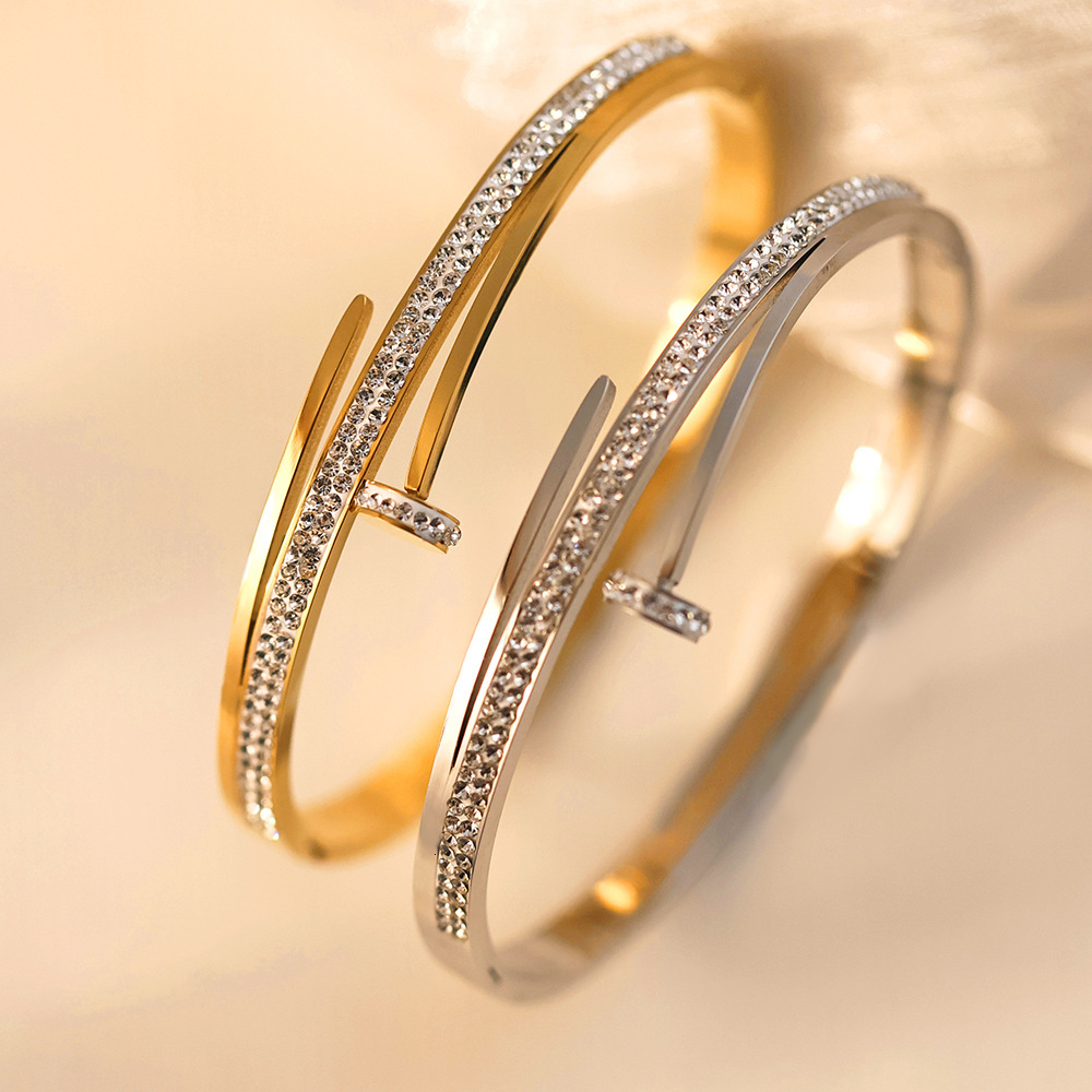 Luxury Brand Designer Jewelry Women's Wholesale Electroplated Gold Women's High-End Non-Fading Jewelry Nail With Rhinestone Steel Bracelet - view 6