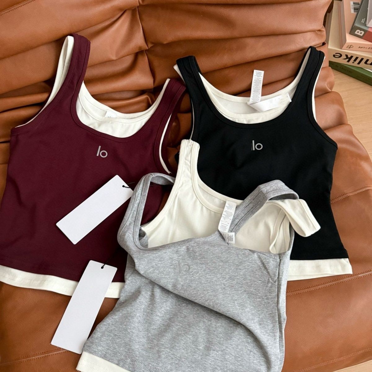 Women color block faux 2 pcs logo letter print designer cotton tanks vest camis SML