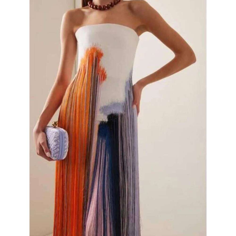 Tassel Print Tube Top Party Long Temperament Lady Sleeveless Backless Straight Leisure High Waist Summer Split Dress Luxury