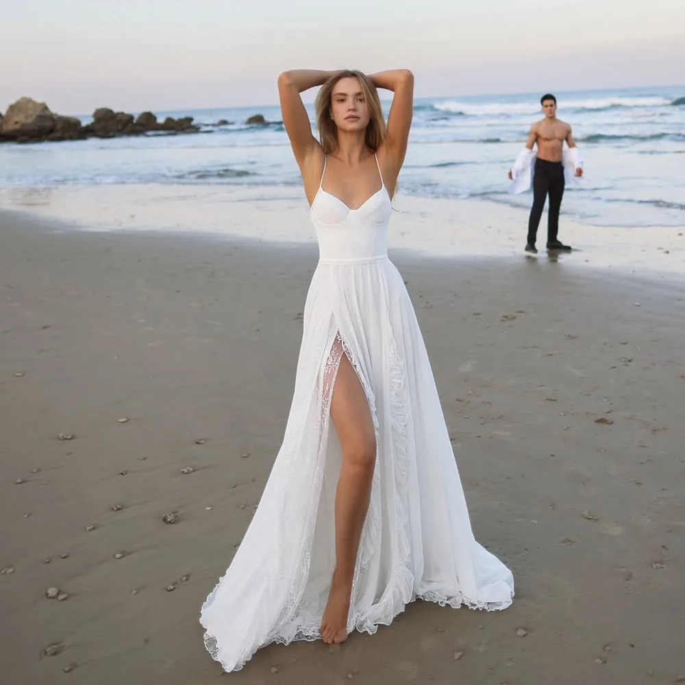 Sexy Beach Wedding Dress 2026 Spaghetti Strap Silt Lace Chiffon Long Boho Bridal Bride Gown Vestidos De Noiva