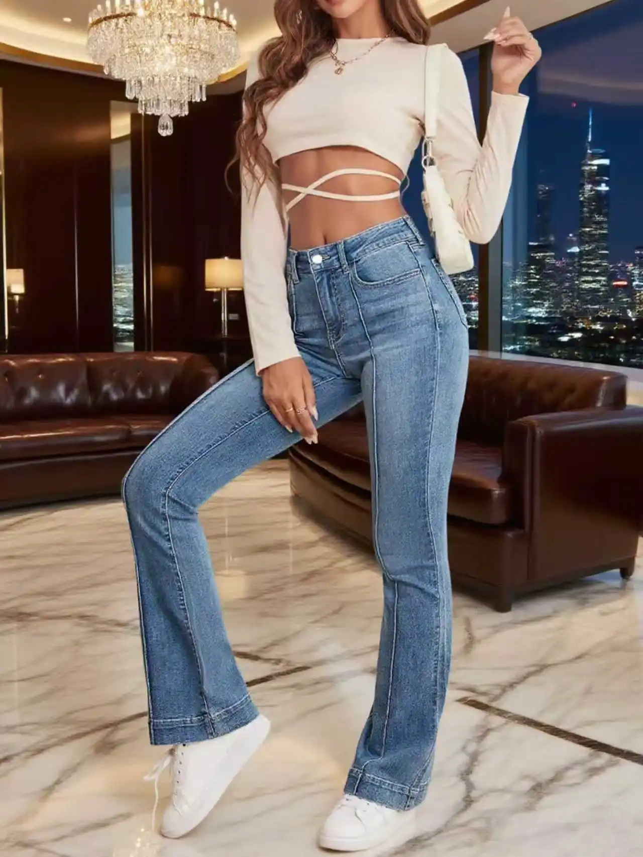 Gray Stretch Womens Flared Jeans French Seam Detail Simple Versatile Slimming Bootcut Trousers Womens pants Jeans 251226