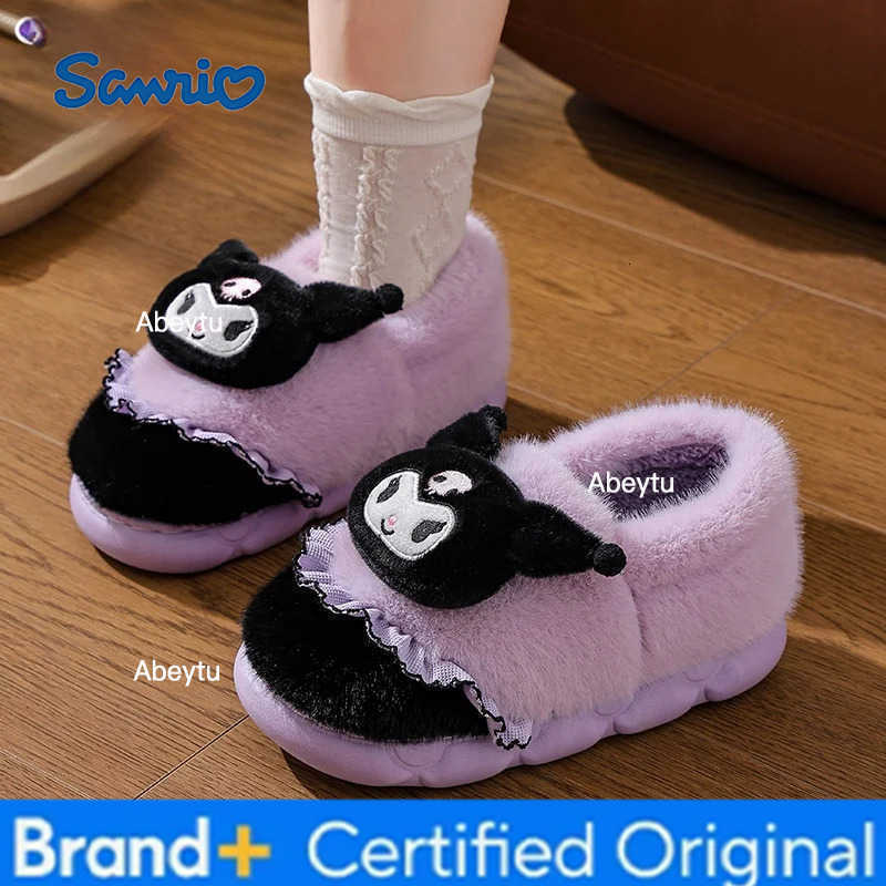 Sanrio Kids Slippers House Shoes Cartoon Kuromi With Heel Cover Winter Shoes For Girls Warm Anti-slip Pink Pruple Shoes Size 35-41 H25123011