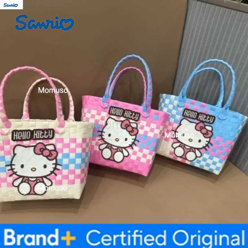 Sanrio Fashion Handmade Weaving Hello Kitty Cartoon Basket Womens Leisure Large Capacity Storage Beach Handbag H251230
