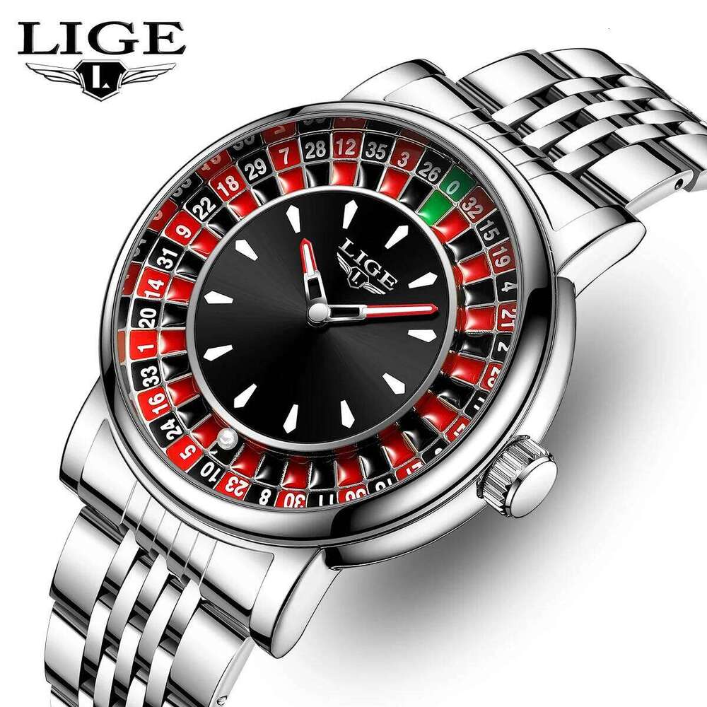 LIGE Fashion Rotating Dial Las Vegas Roulette Desktop Theme Men Waterproof Luminous Stainless steel Clock Watch 25M1230