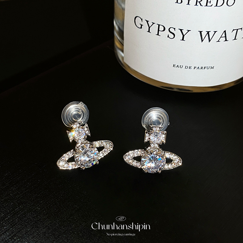 Luxury Brand Designer Jewelry Empress Dowager Style Saturn Zircon Earrings High-End Mosquito Coil Ear Clips Non-Pierced Women's Minimalist Earrin