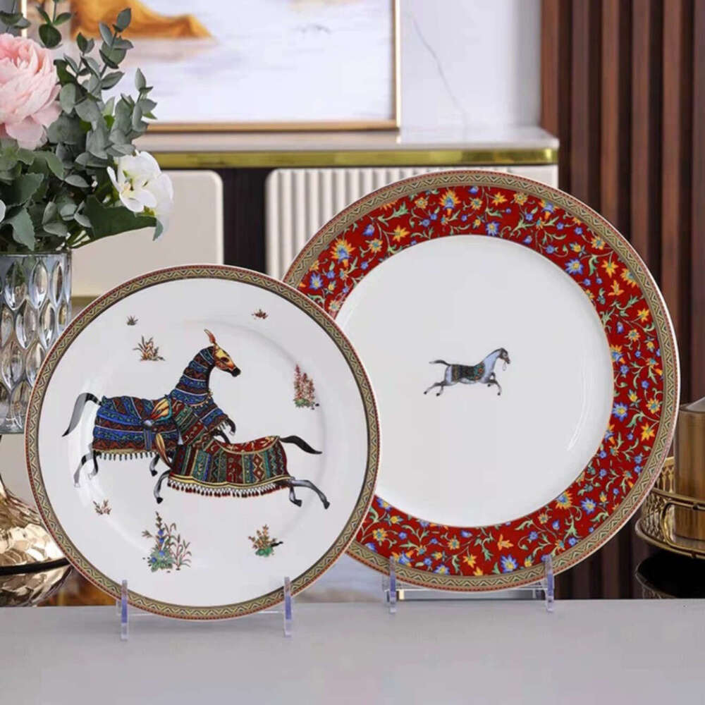 European Style War Horse Series Bone China Tableware Set Household Bowl Spoon Gift Box Coffee Cup Western Dining Plate B5