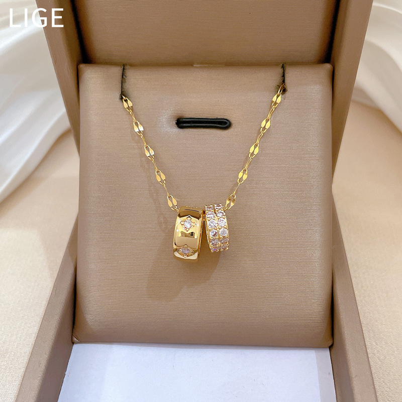 Luxury Brand Designer Jewelry Steel Double Ring Small Waist Full Diamond Fashion Light Luxury Elegant Gorgeous Full Diamond Necklace For Women Versatile Collarb