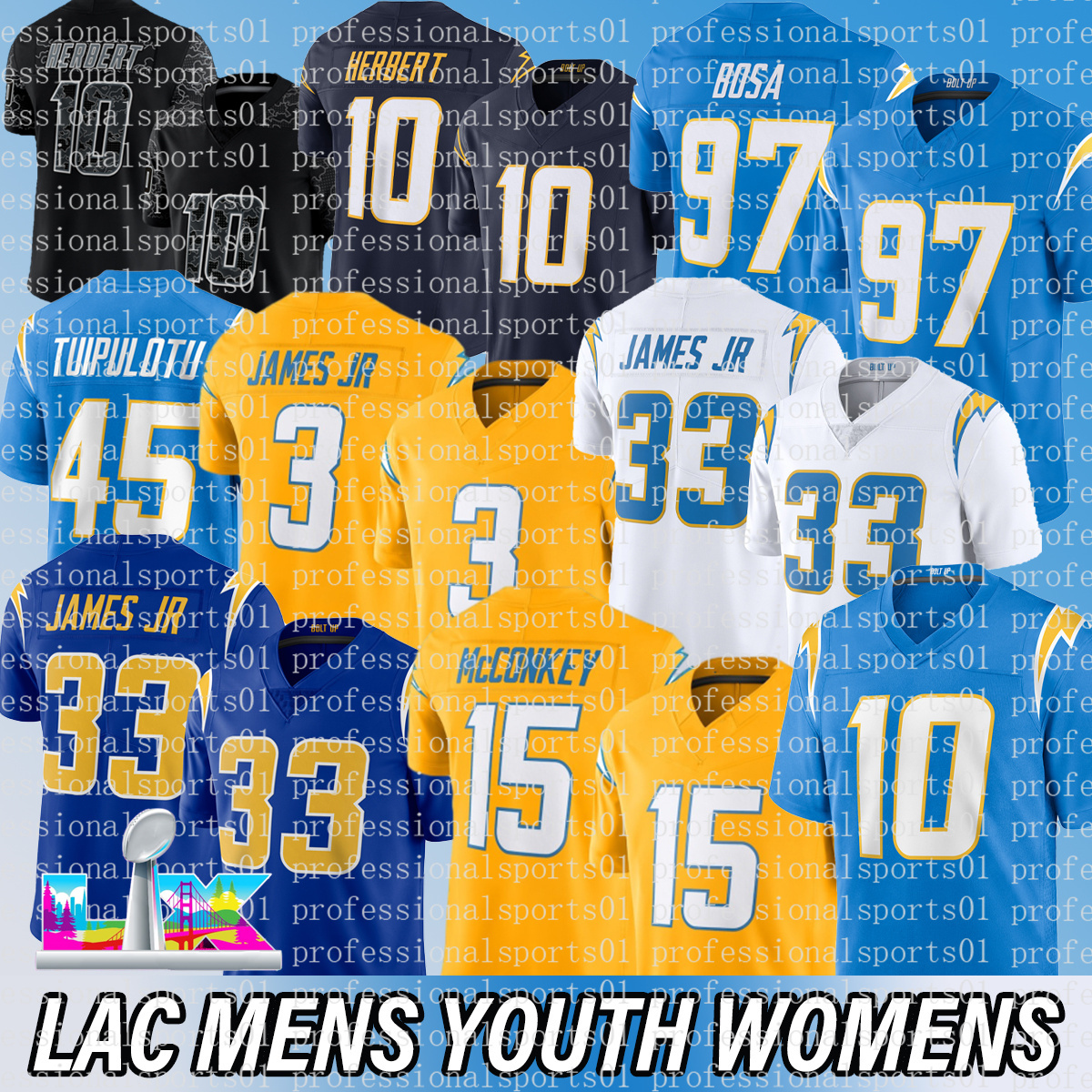 Los Angelescity Charger jersey Justin Herbert Ladd McConkey Joe Alt Joey Bosa #3 James Jr. Khalil Mack Cameron Dicker Football Jerseys