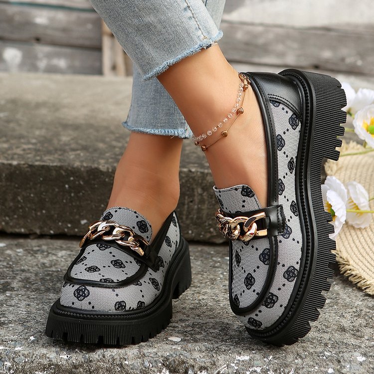 women's versatile elegance dress shoes 2026 new design printed chain thick soled fashionable leather shoes large sizes 35-42 Free Shipping Hot Sa