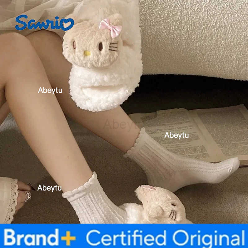 Sanrio New Hello Kittys Cartoon Plush Cotton Slippers Flat Bottomed Non-slip Autumn and Winter Fluffy House Shoes Girls Gift H251230
