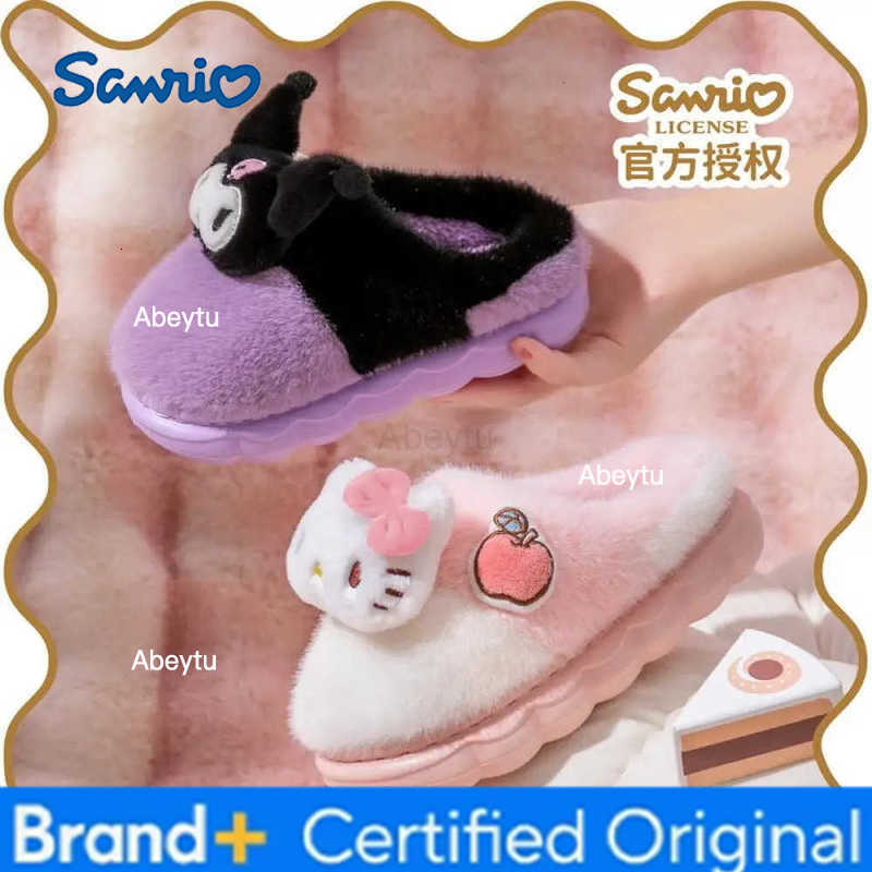 Sanrio Kawaii Hello Kitty Fluffy Slippers Sanrios Kids Women Winter Shoes Anime My Melody Cute Anti Slip Indoor Plush Cotton Slippers H251230