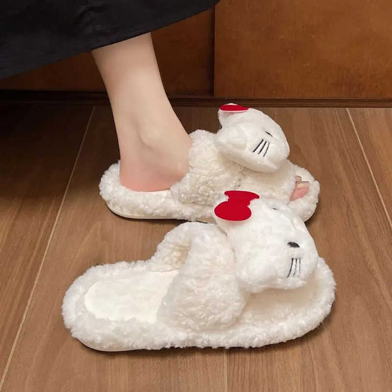 Sanrio New Sweet Hello Kitty Warm Cotton Slippers For Student Dormitory Comfortable One Word Hairy Adult Cotton Slippers H251230