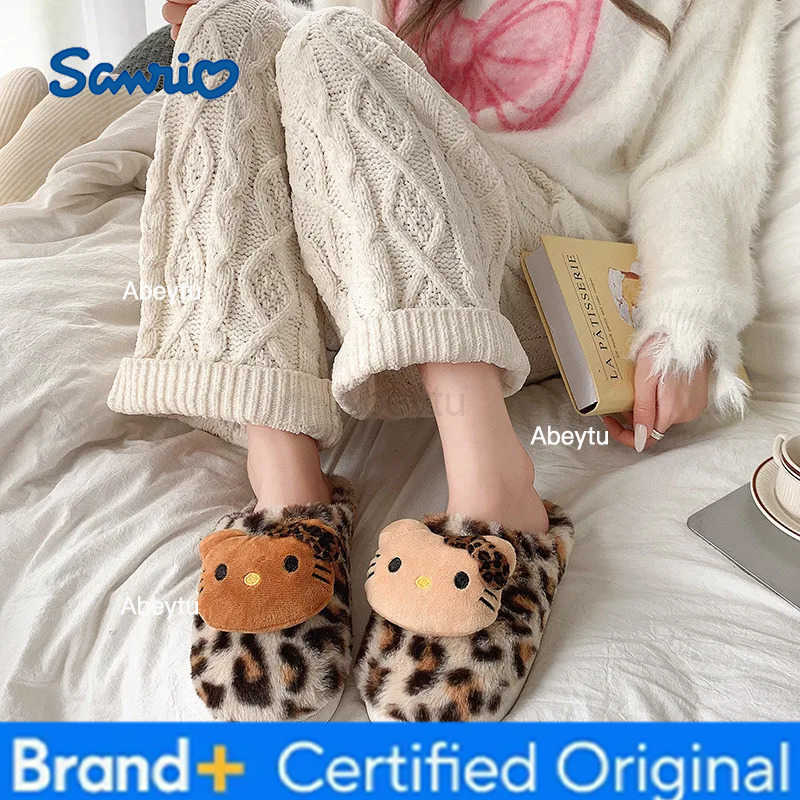 Sanrio Hello Kitty Leopard Print Stuffed Cotton Slippers Y2K Kitty Cat Winter Warmth Cotton Shoes Room Stuffed Home Slippers H251230