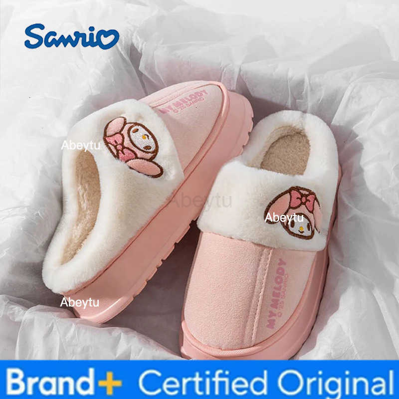 Sanrio Cartoon Warm Cinnamoroll Kuromi My Melody Anime Thick Sole Cotton Slippers Kawaii Girls Winter Comfort Home Indoor Shoes Casual H251230