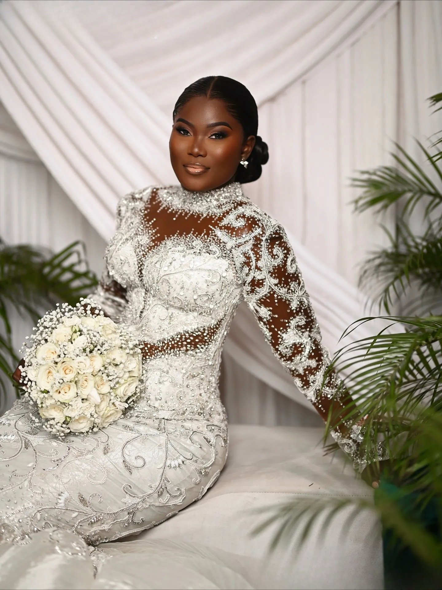 Aso Ebi Plus Size Ivory Mermaid Wedding Dress Lace Beaded Crystals Fulle Sleeves Sheer Neck Bridal Gowns Dresses 1230