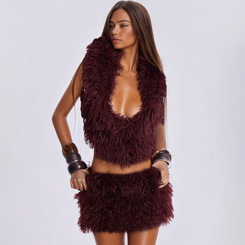 Women's Faux Fur U-Neck Hooded Backless Top and Mini Skirt Two-Piece Set