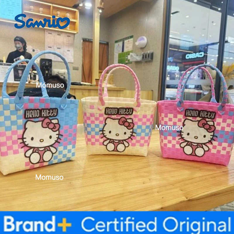 Sanrio Fashion Handmade Weaving Hello Kitty Cartoon Basket Womens Leisure Large Capacity Storage Beach Handbag H251230