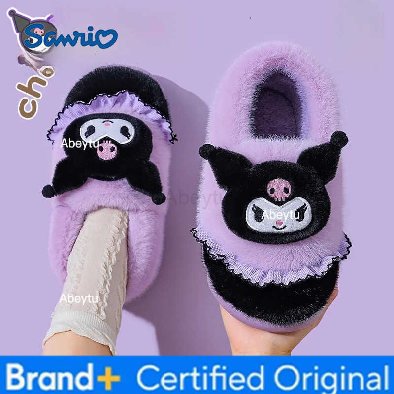 Sanrio Kids Slippers House Shoes Cartoon Kuromi With Heel Cover Winter Shoes For Girls Warm Anti-slip Pink Pruple Shoes Size 35-41 H25123011