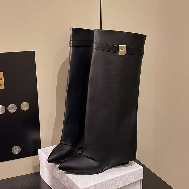 2025 Autumn Winter New Pointed Toe Large Tube Lock Shark Buckle Straight Mid-Calf Thick Heel Trouser Boots for Women