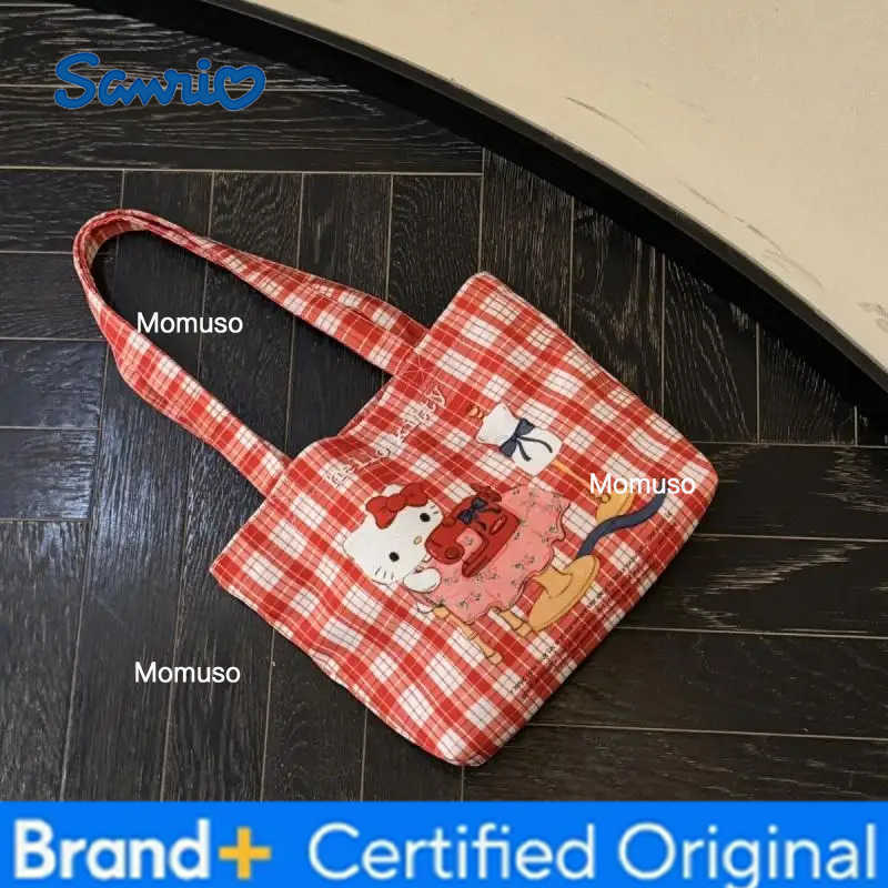 Sanrio Kawaii Hello Kitty Cute Cartoon Red Checkered Canvas Storage Bag Student One Shoulder Handbag Girl Birthday Creative Gift H251230
