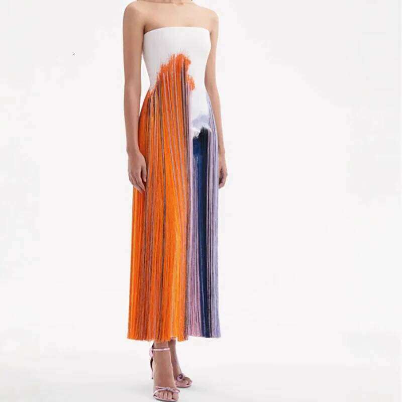 Tassel Print Tube Top Party Long Temperament Lady Sleeveless Backless Straight Leisure High Waist Summer Split Dress Luxury