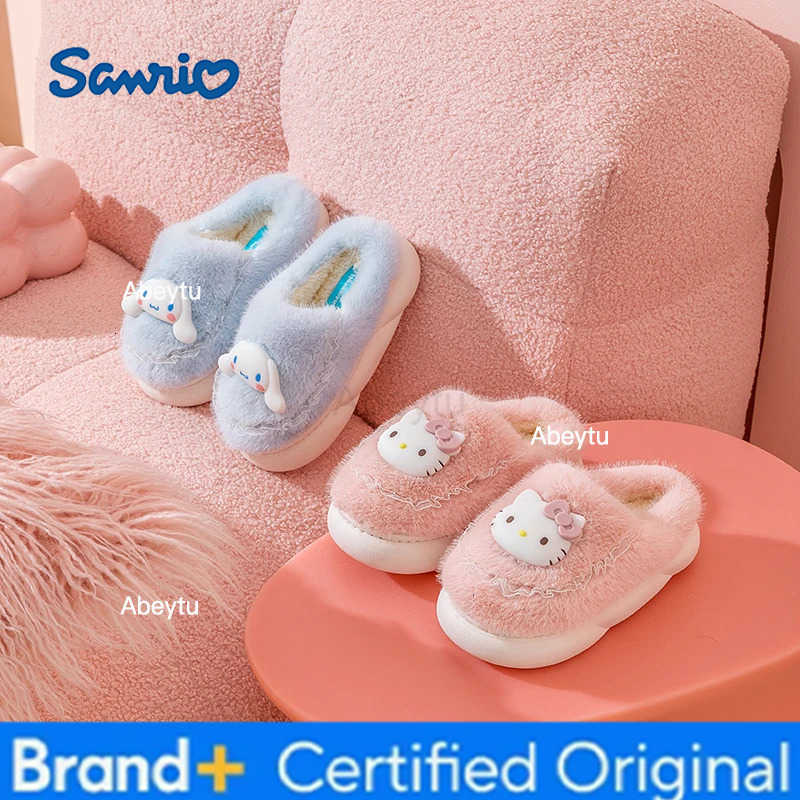 Sanrio Kawaii Children Winter With Heels Cotton Slippers Cartoon Anime Kuromi Cinnamoroll Kids Indoor Home Slippers Girl Gift H2512301
