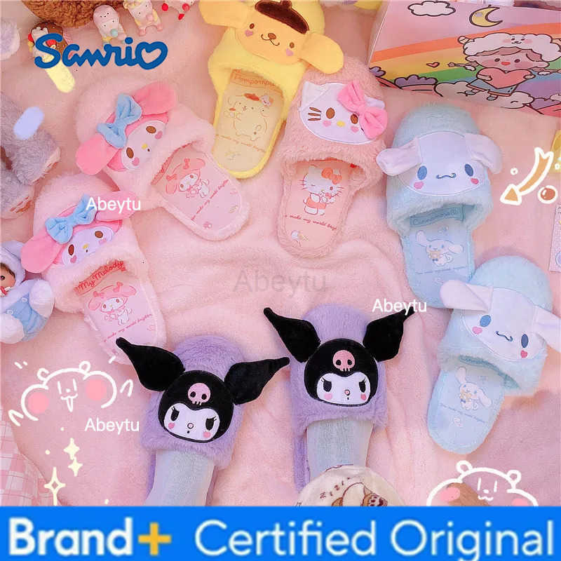 Sanrio Cartoon Japanese Anime Slippers Lolita Girl Warm Plush Home Slippers Lady Indoor Kawaii Flat Non-slip Gifts Lovely Pink Blue H251230