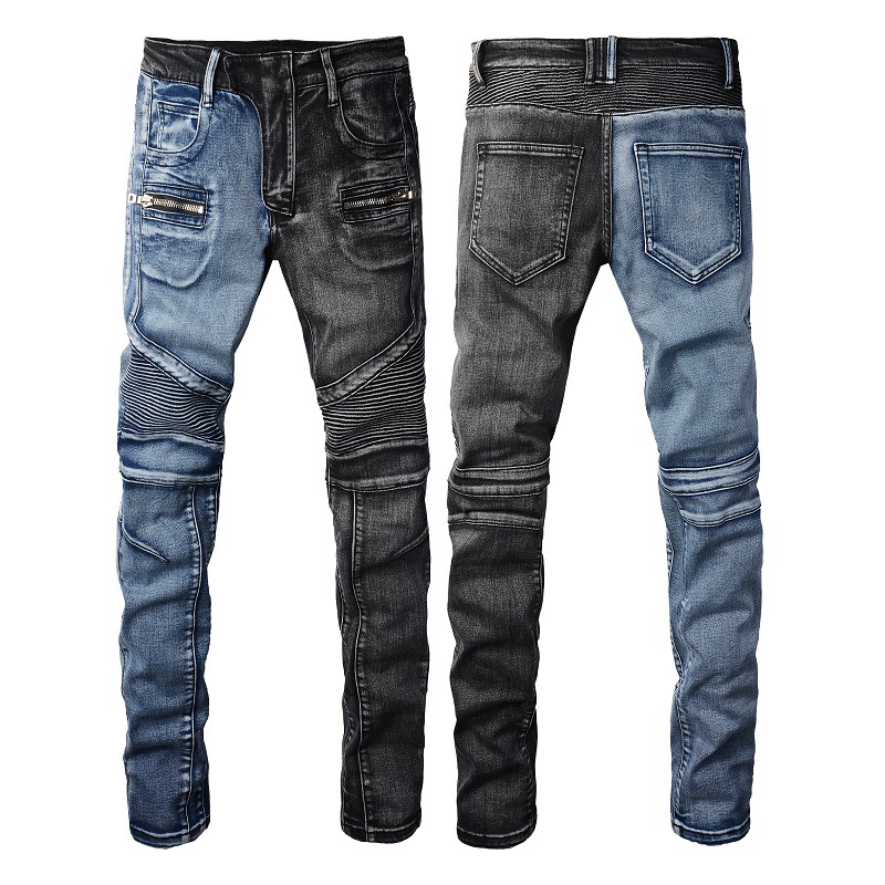 WOZK handmade worn-out motorcycle style distressed slim fit elastic high street trendy cycling motorcycle jeans for men designer