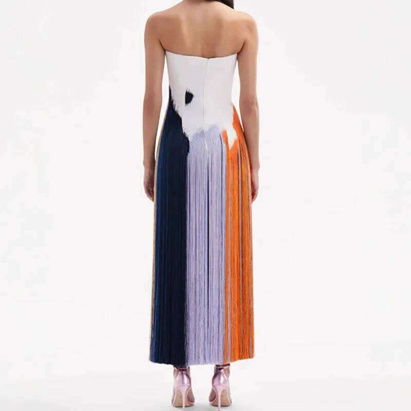 Tassel Print Tube Top Party Long Temperament Lady Sleeveless Backless Straight Leisure High Waist Summer Split Dress Luxury