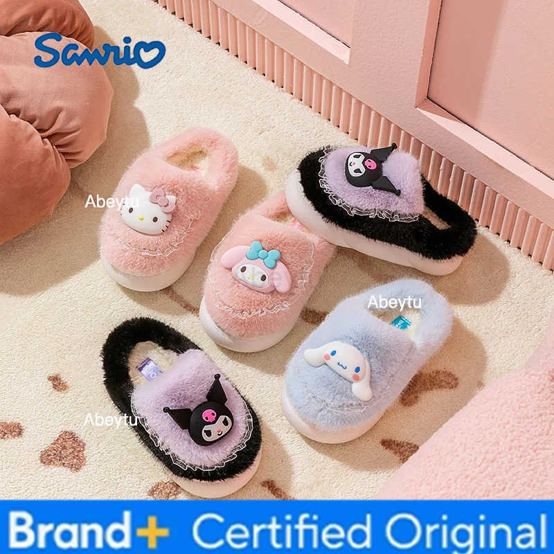Sanrio Kawaii Children Winter With Heels Cotton Slippers Cartoon Anime Kuromi Cinnamoroll Kids Indoor Home Slippers Girl Gift H2512301