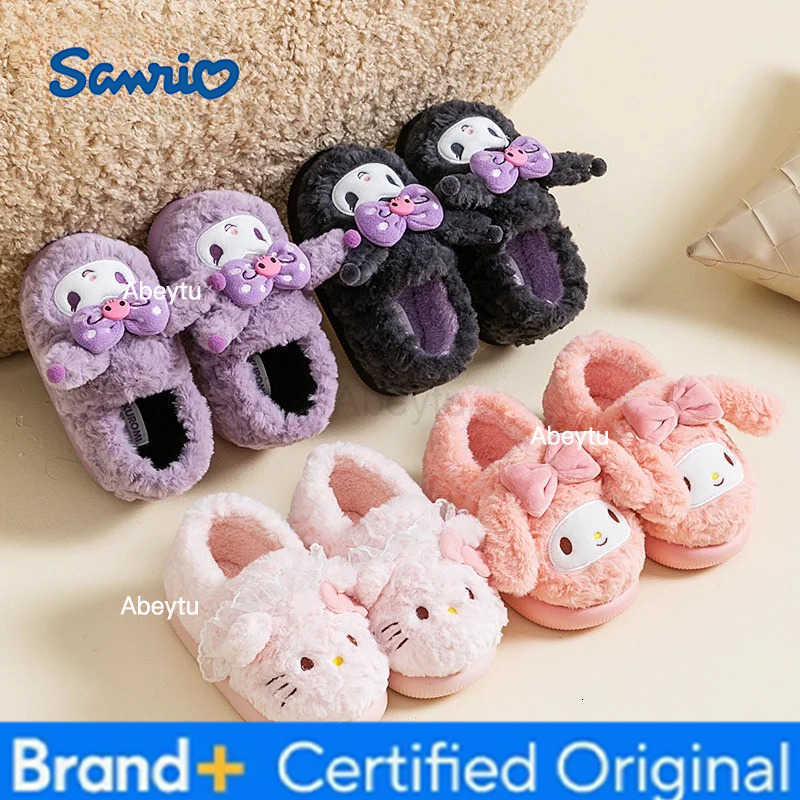 Sanrio Kids Slippers House Shoes Cotton Covered-heel Winter Shoes For Girls Warm Anti-slip Soft Bottom Black Pink Shoes Size 18cm-22cm H251230