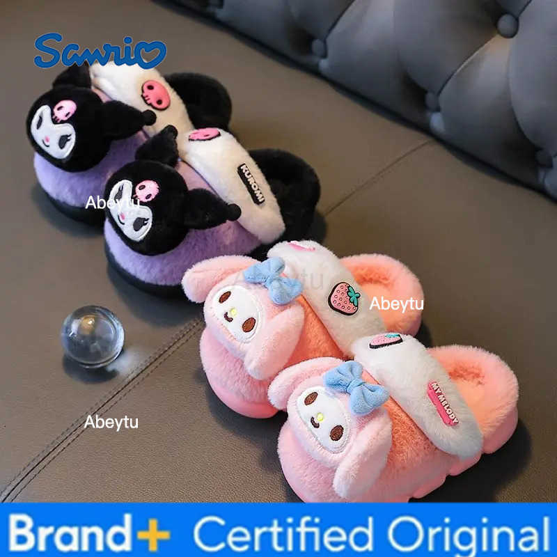Sanrio Childrens Slippers Kuromi Childrens Cotton Shoes Girls Cute Princess Home Indoor Non-Slip Warm Parent-Child Furry Shoes H251230