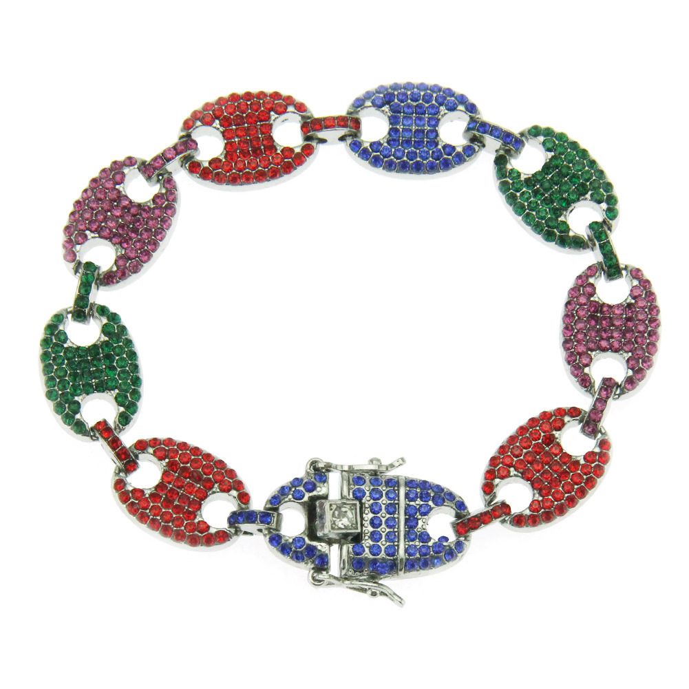 Luxury Brand Designer Jewelry European And American Hip-Hop Inlaid Colorful Diamond Pig Nose Bracelet Coffee Bean Chain Men's Hip-Hop Bracelet Ba