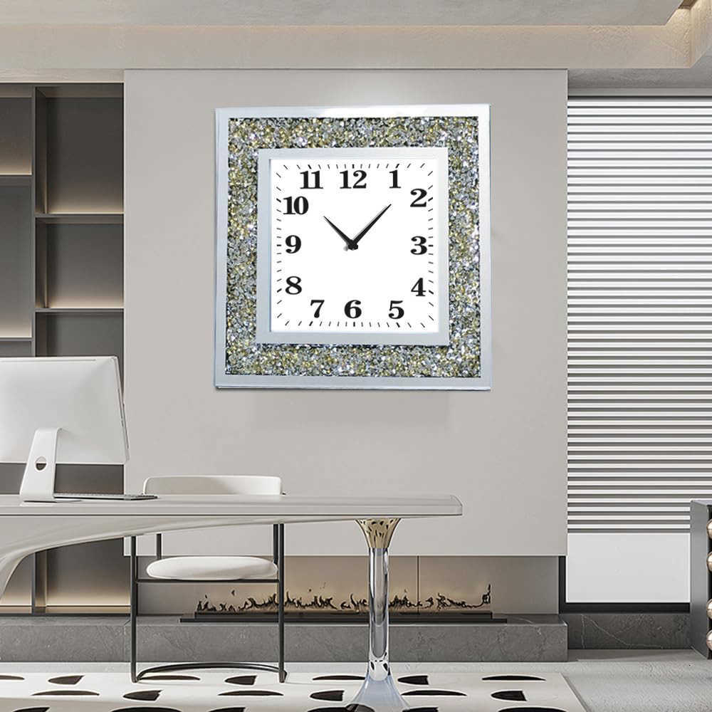 LUVODI Wall Clock Mirror Clock Sparkle Bling Round Diamond Wall Clock with Silver Tawny Tinted Crystal Crushed W251028