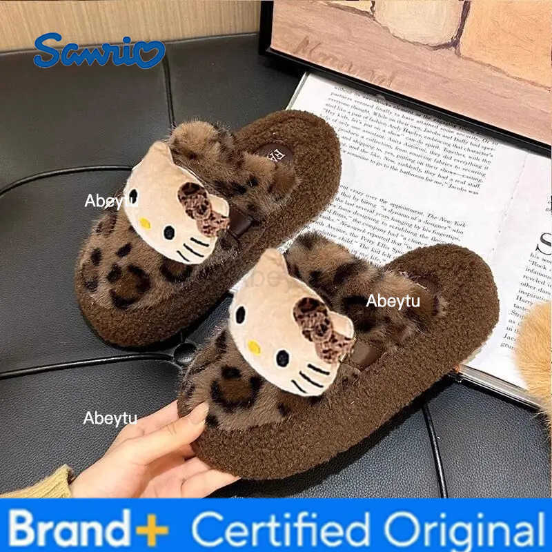 Sanrio Anime Hello Kitty Leopard Print Fur Slippers Kawaii Indoor Comfortable Non-Slip Slippers Cute Cotton Shoes Cartoon House Shoes H251230